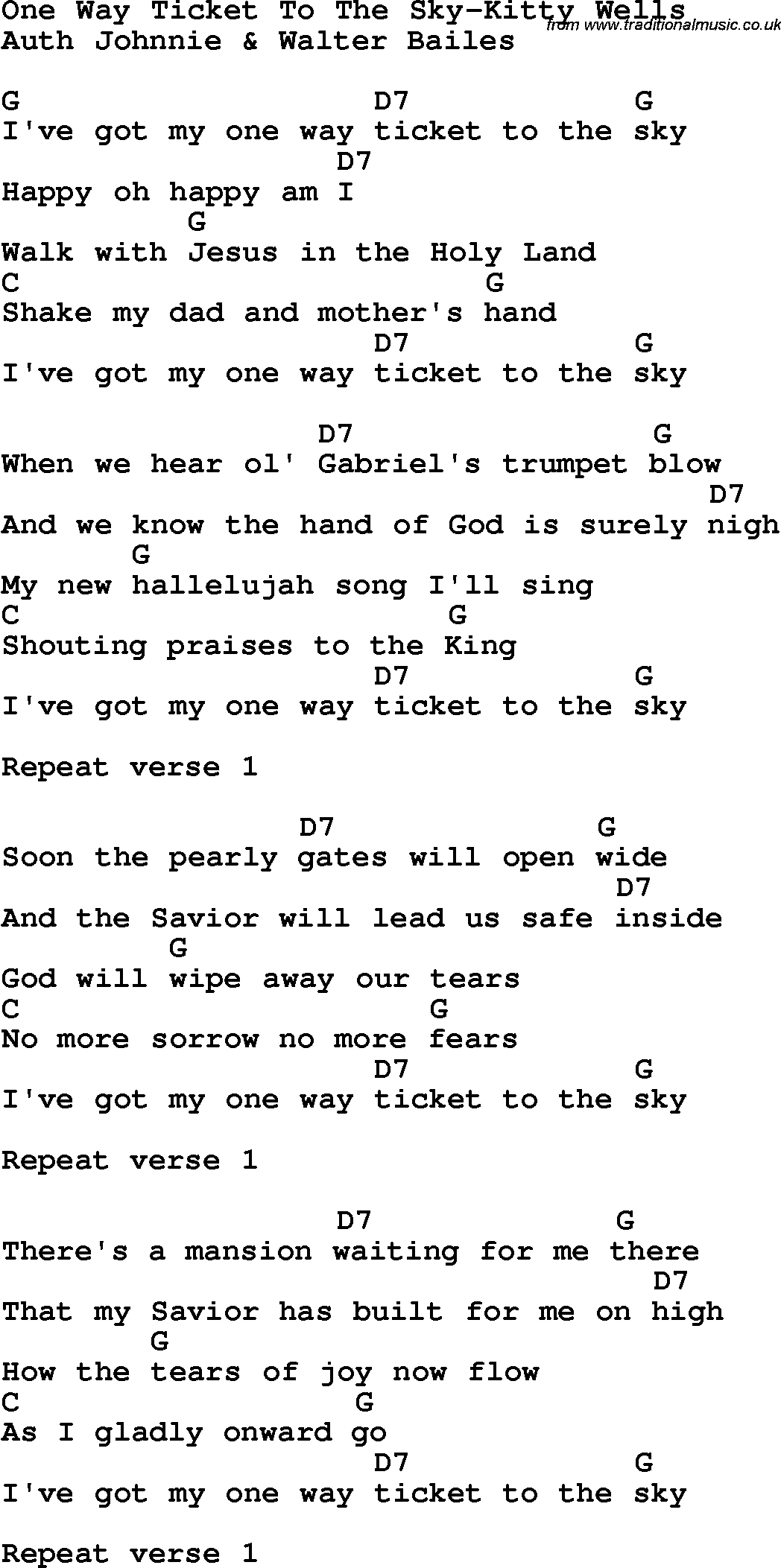 Country, Southern and Bluegrass Gospel Song One Way Ticket To The Sky-Kitty Wells lyrics and chords