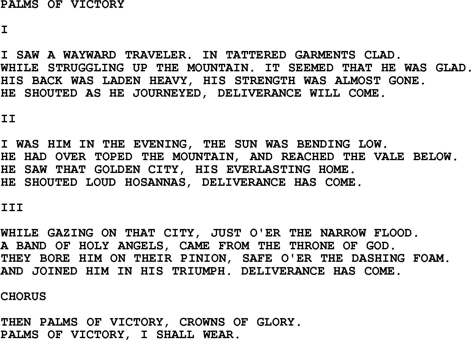 Country, Southern and Bluegrass Gospel Song Palms Of Victory lyrics 
