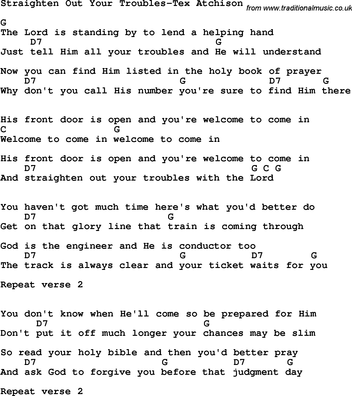 Country, Southern and Bluegrass Gospel Song Straighten Out Your Troubles-Tex Atchison lyrics and chords