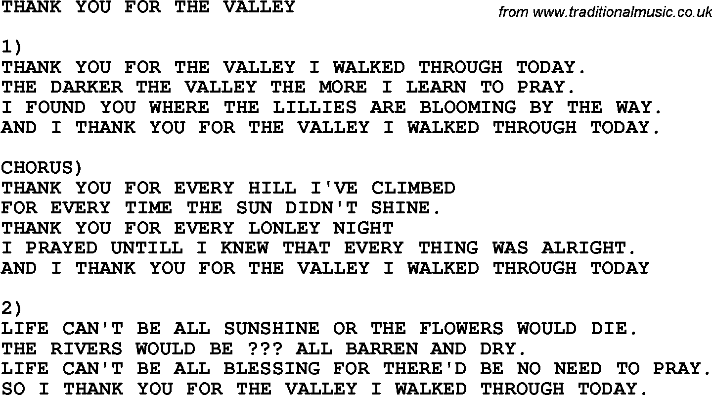 Country, Southern and Bluegrass Gospel Song Thank You For The Valley lyrics 