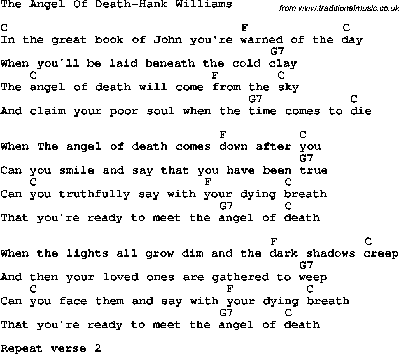 Country, Southern and Bluegrass Gospel Song The Angel Of Death-Hank Williams lyrics and chords