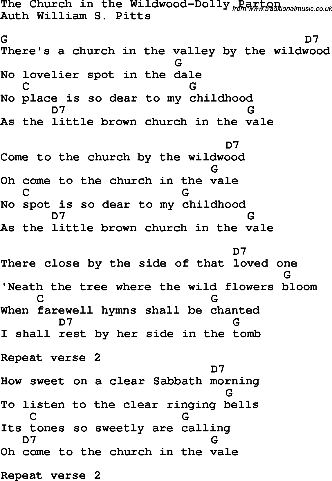 Country, Southern and Bluegrass Gospel Song The Church in the Wildwood-Dolly Parton lyrics and chords