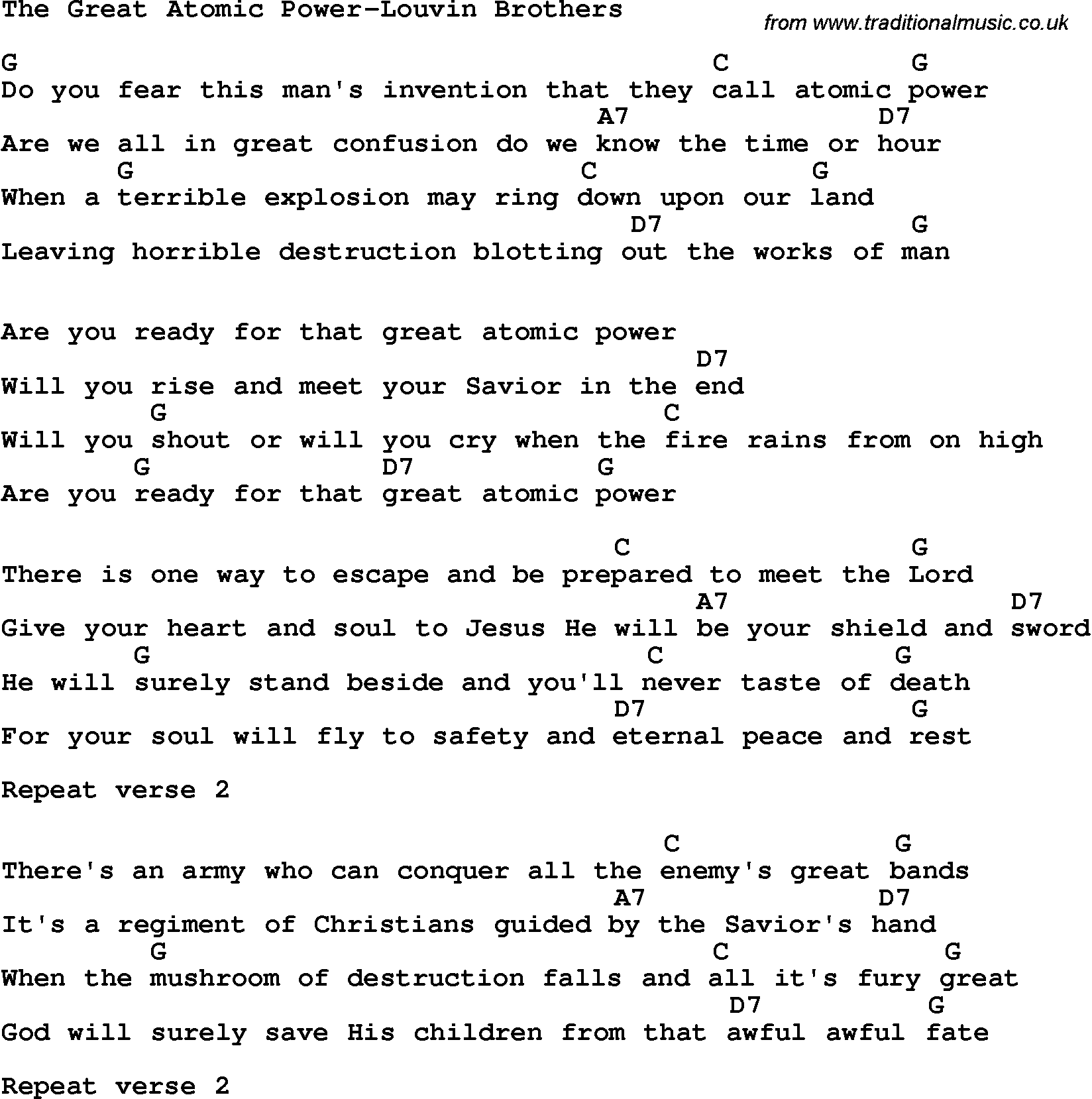 Country, Southern and Bluegrass Gospel Song The Great Atomic Power-Louvin Brothers lyrics and chords