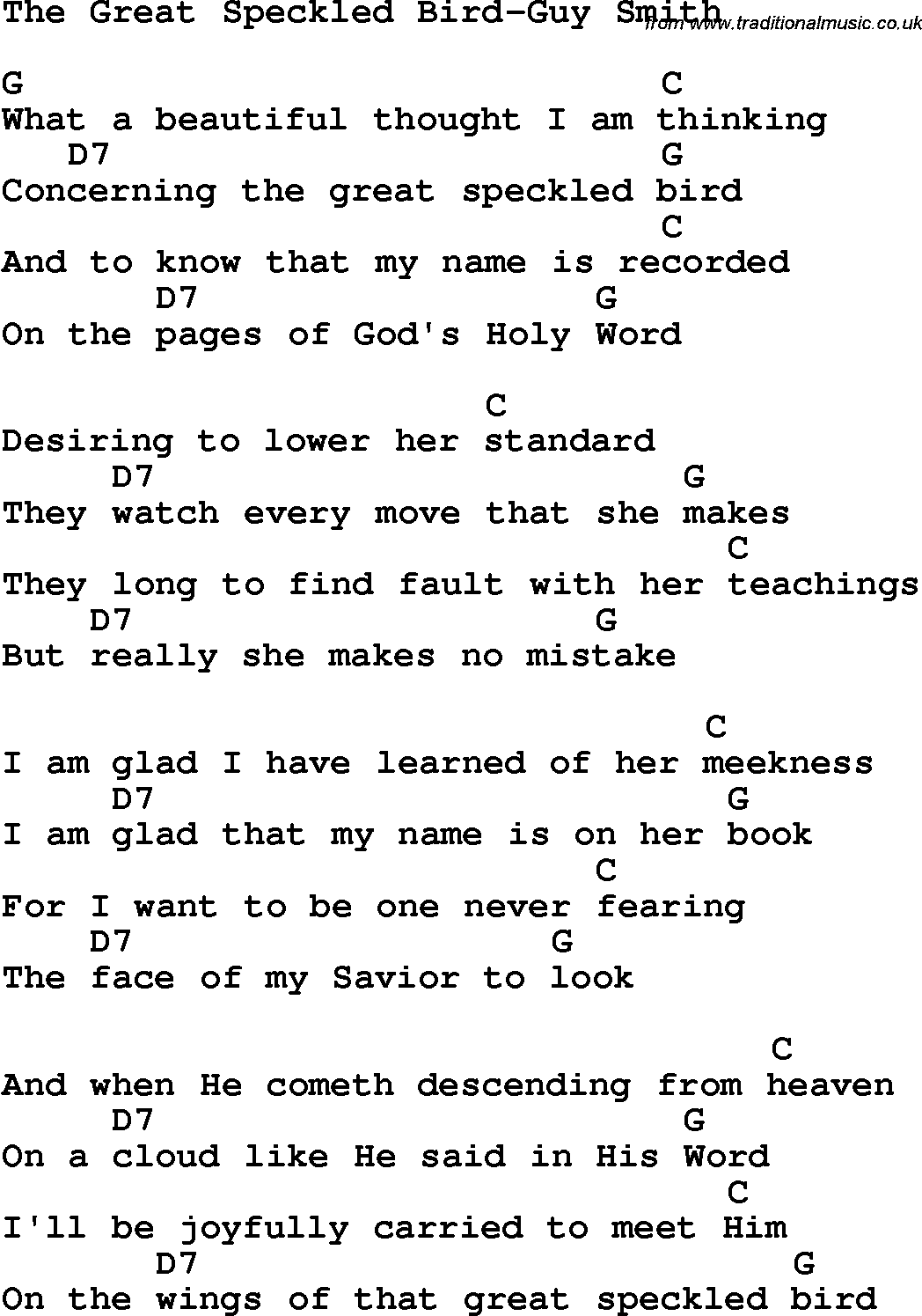 Country, Southern and Bluegrass Gospel Song The Great Speckled Bird-Guy Smith lyrics and chords