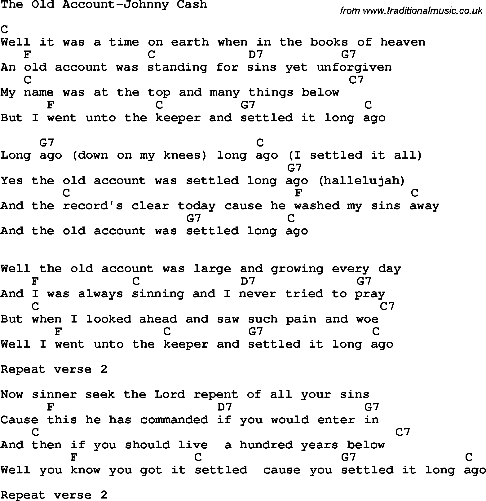 Country, Southern and Bluegrass Gospel Song The Old Account-Johnny Cash lyrics and chords