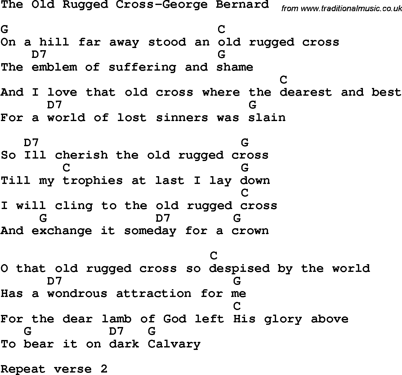 Country, Southern and Bluegrass Gospel Song The Old Rugged Cross-George Bernard lyrics and chords