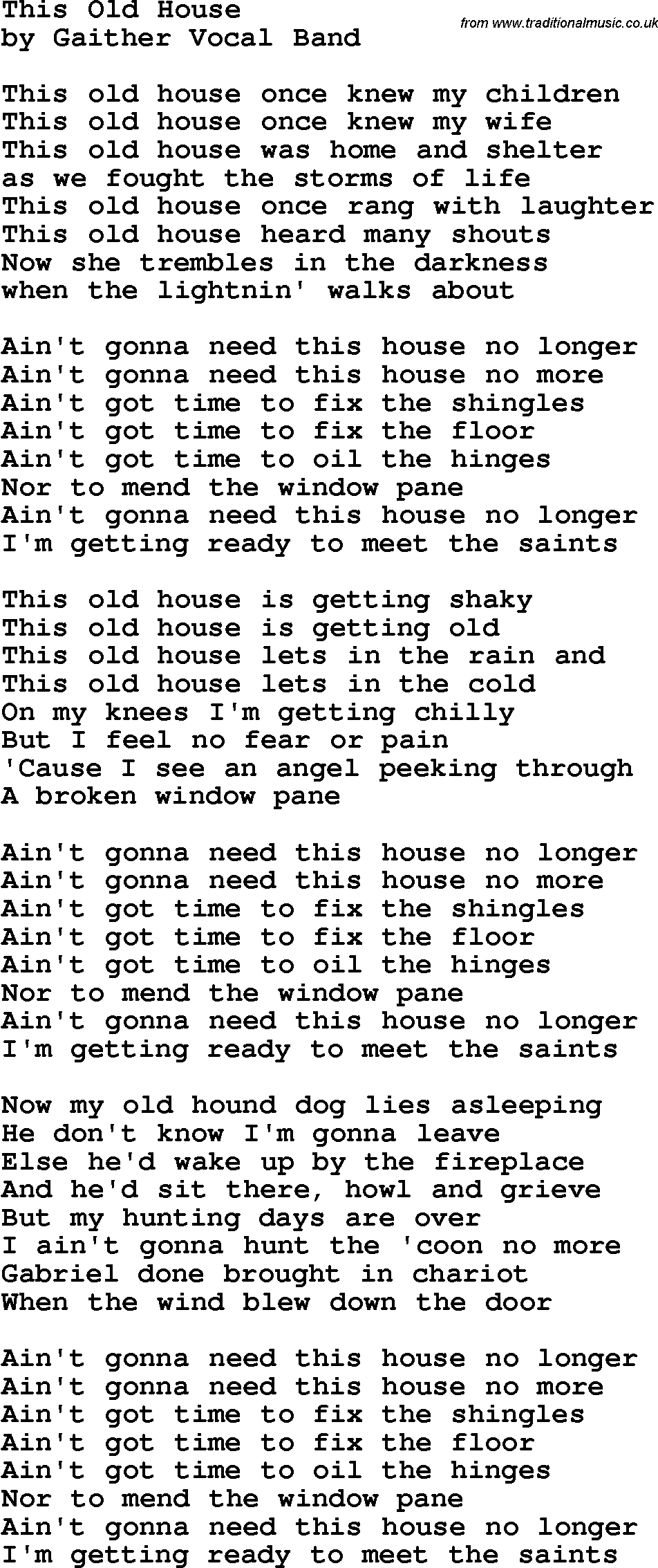 Country, Southern and Bluegrass Gospel Song This Old House lyrics 