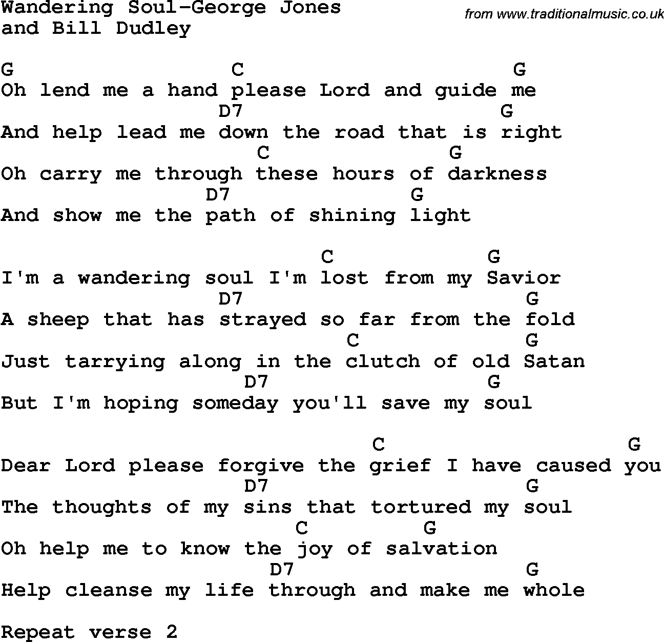 Country, Southern and Bluegrass Gospel Song Wandering Soul-George Jones lyrics and chords