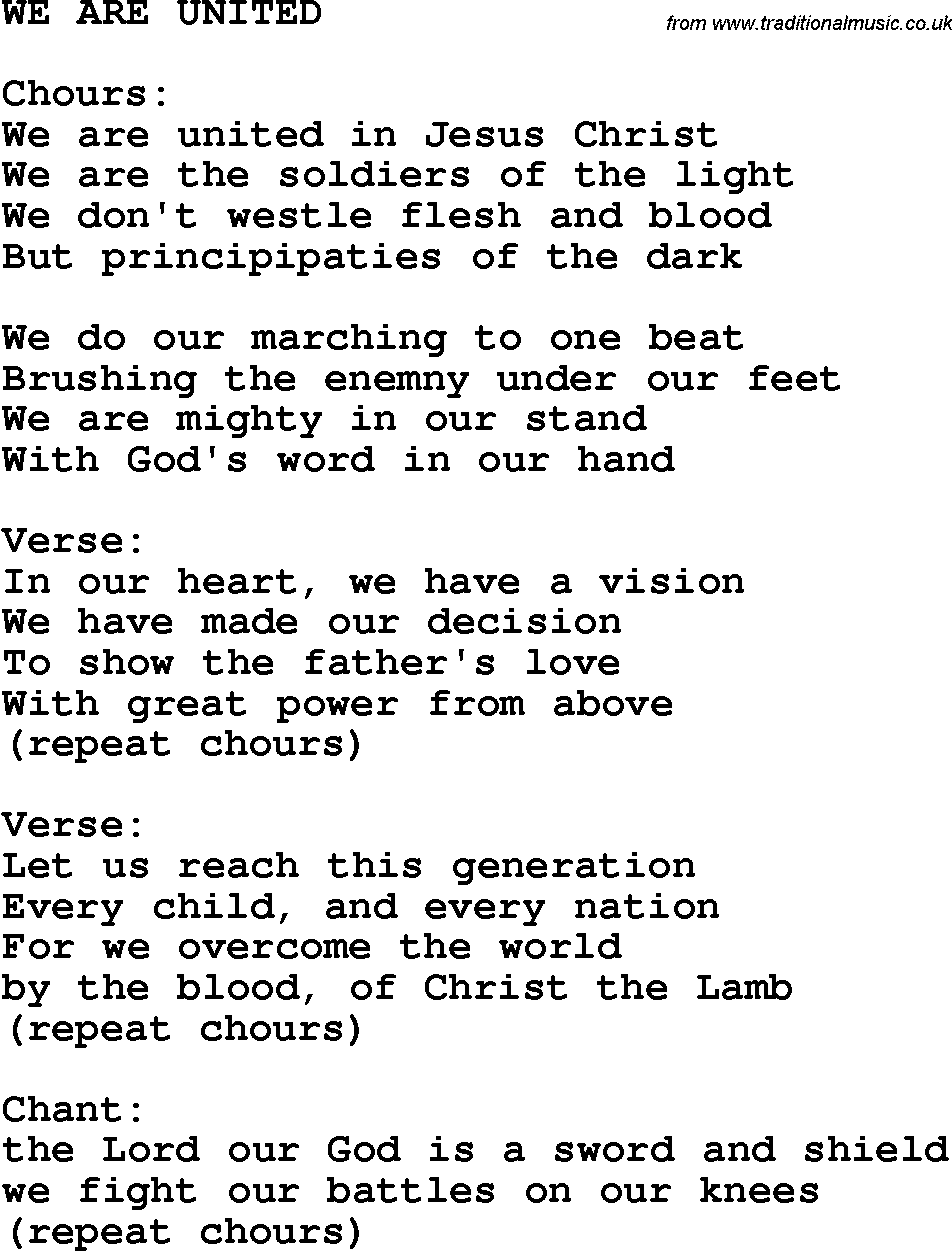 Country, Southern and Bluegrass Gospel Song We Are United lyrics 