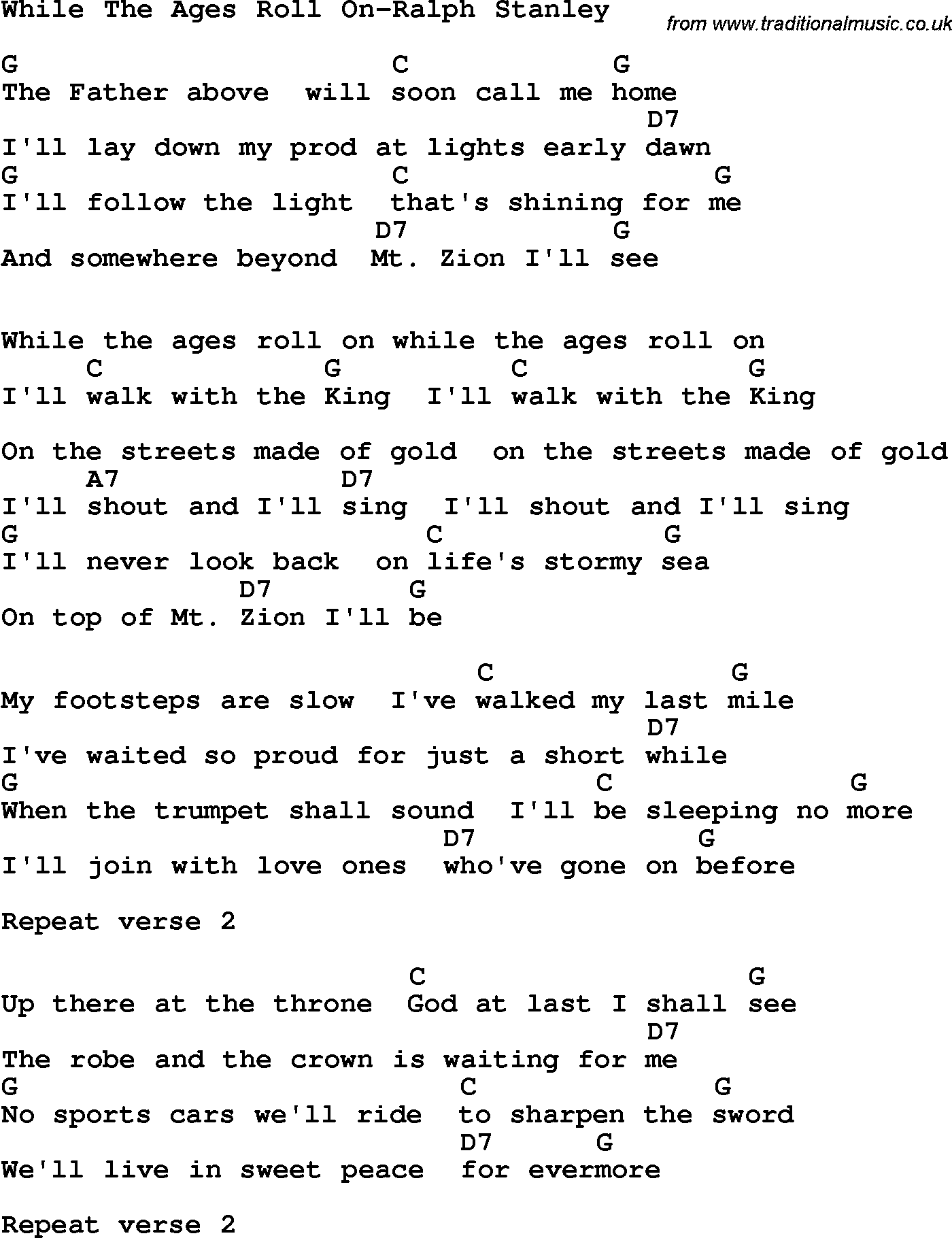 Country, Southern and Bluegrass Gospel Song While The Ages Roll On-Ralph Stanley lyrics and chords