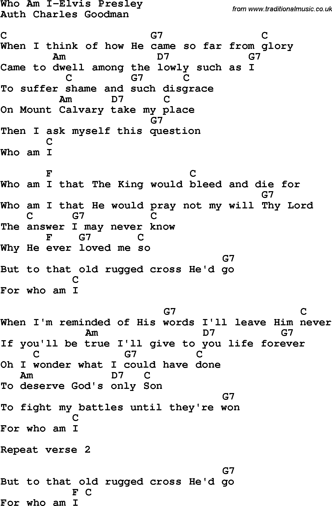 Country, Southern and Bluegrass Gospel Song Who Am I-Elvis Presley lyrics and chords