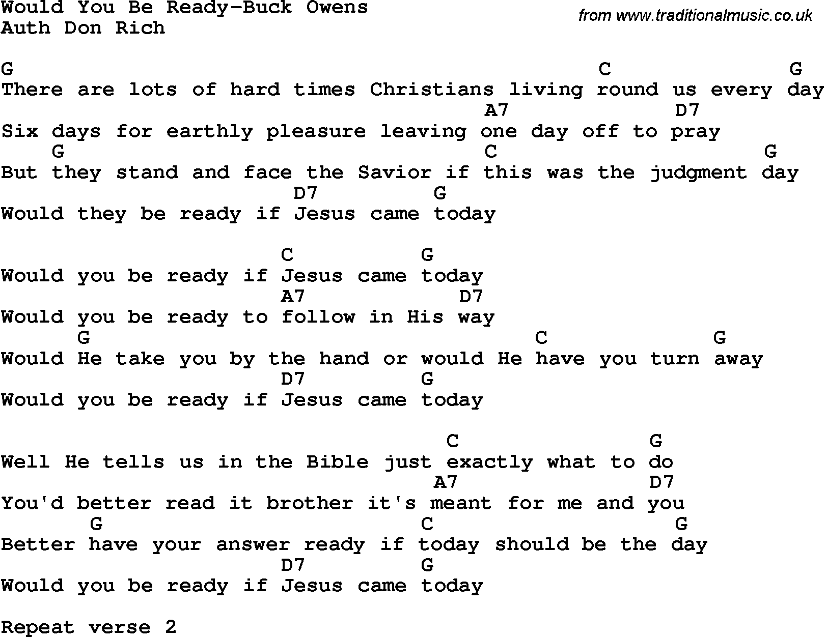 Country, Southern and Bluegrass Gospel Song Would You Be Ready-Buck Owens lyrics and chords