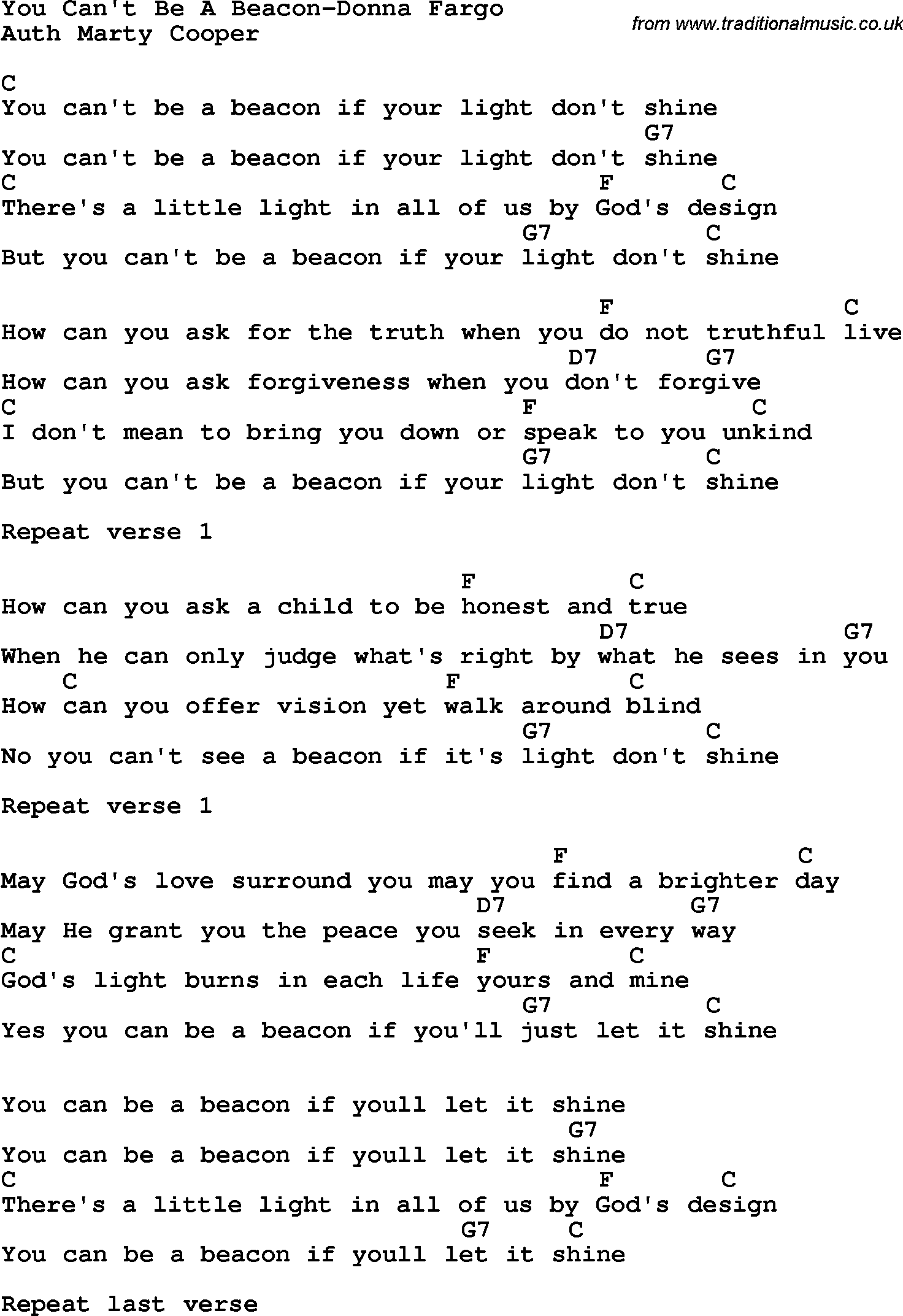Country, Southern and Bluegrass Gospel Song You Can't Be A Beacon-Donna Fargo lyrics and chords