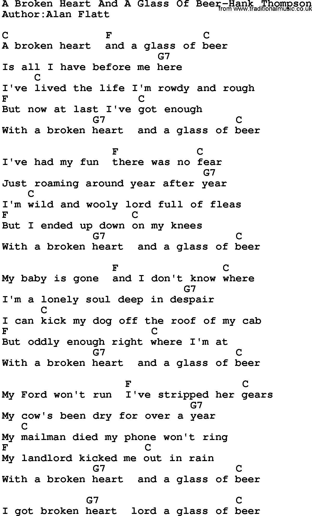 Country music song: A Broken Heart And A Glass Of Beer-Hank Thompson lyrics and chords