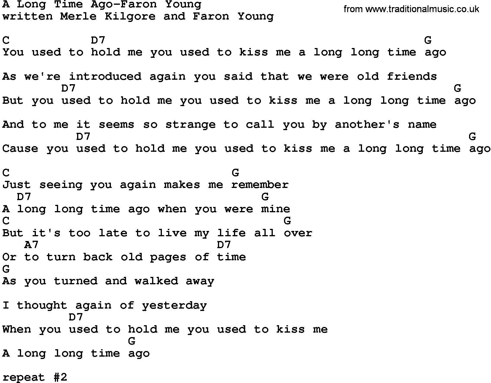 Country music song: A Long Time Ago-Faron Young lyrics and chords