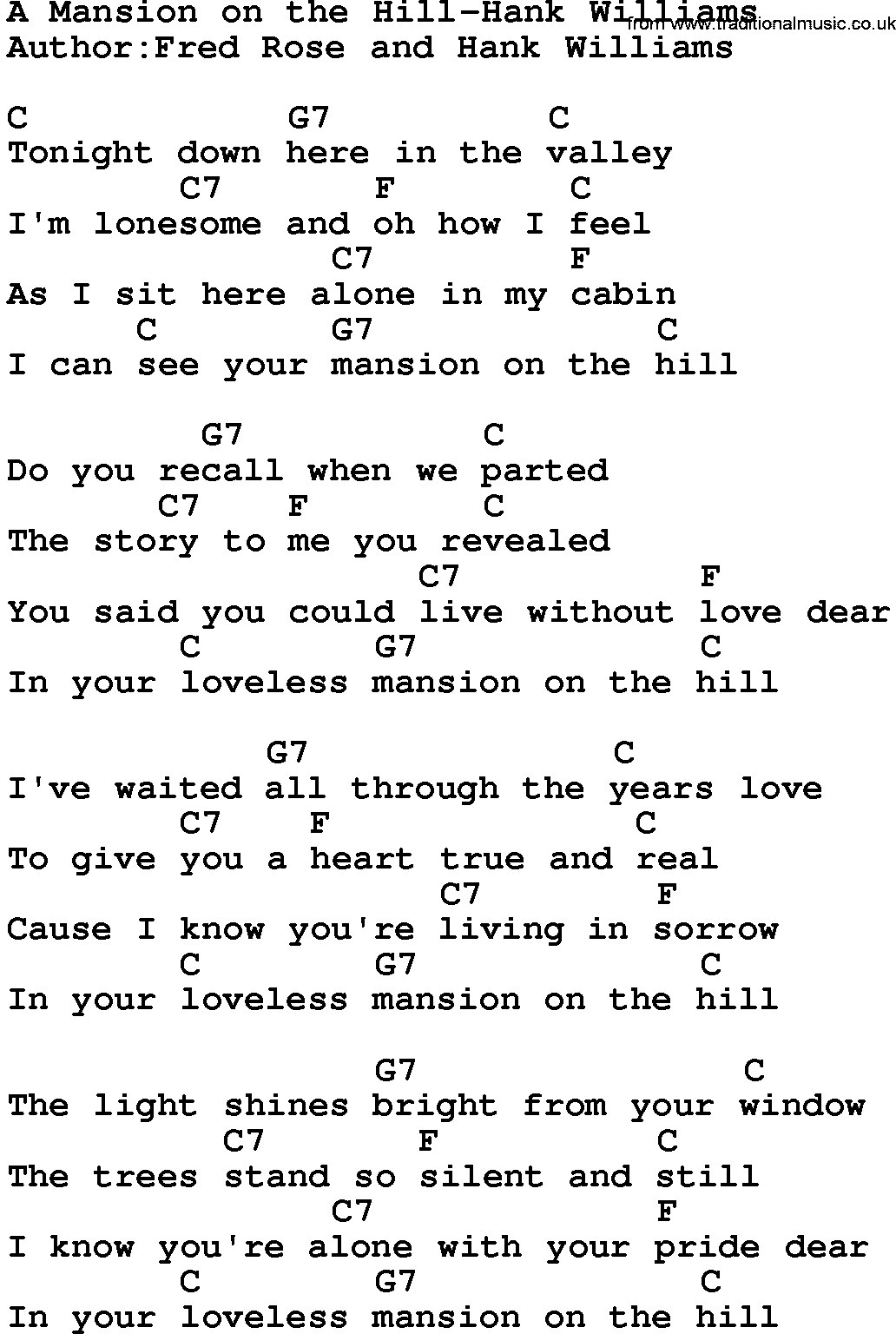 Country music song: A Mansion On The Hill-Hank Williams lyrics and chords