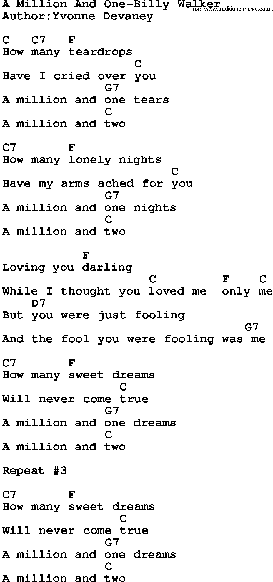 Country music song: A Million And One-Billy Walker lyrics and chords