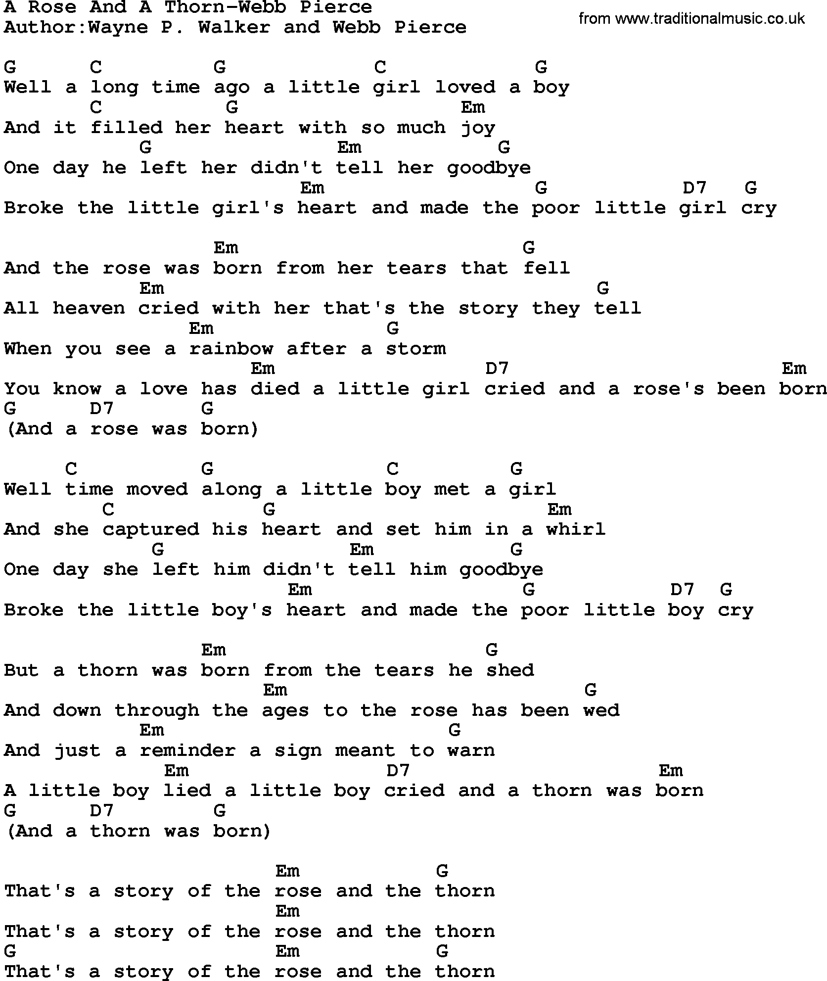 Country music song: A Rose And A Thorn-Webb Pierce lyrics and chords