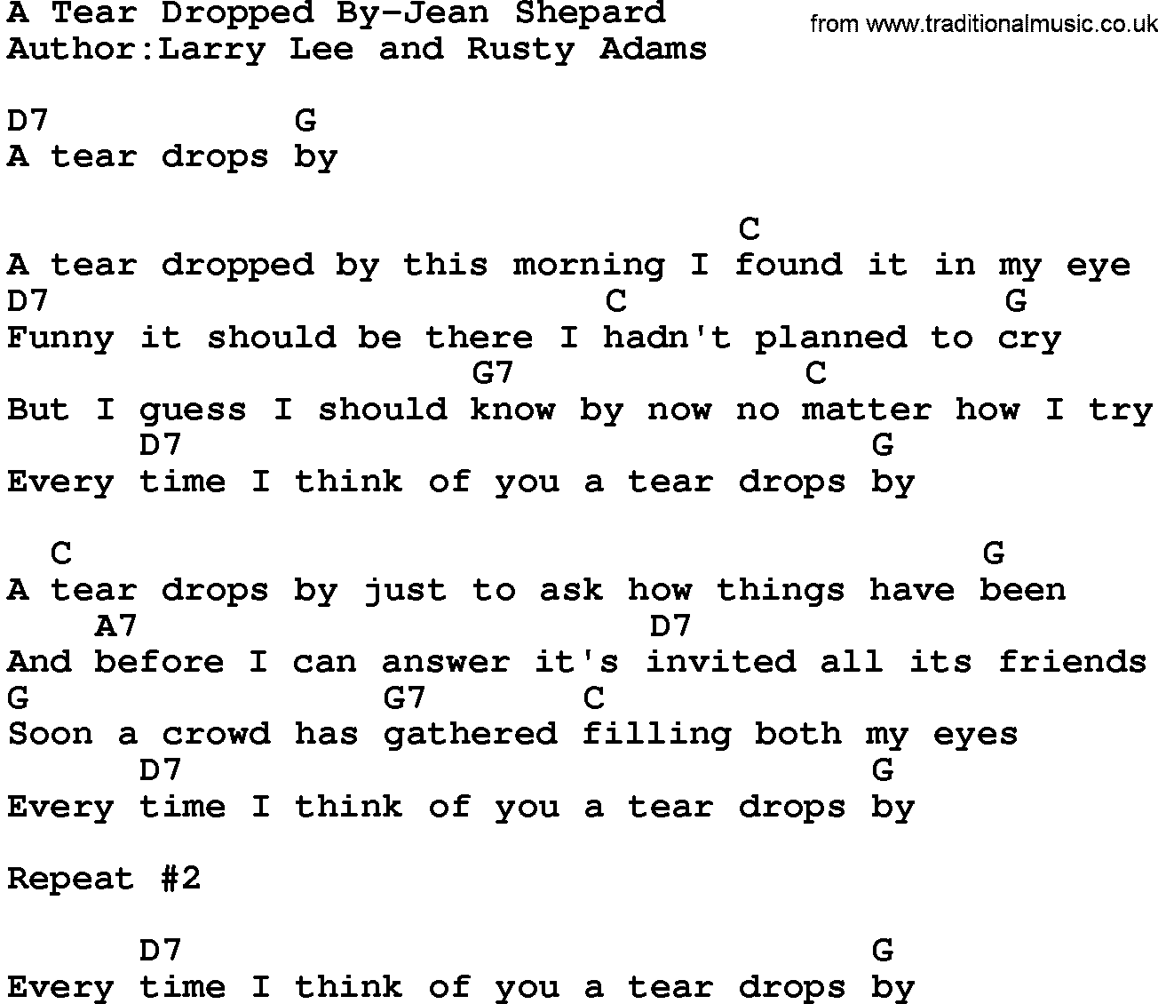 Country music song: A Tear Dropped By-Jean Shepard lyrics and chords