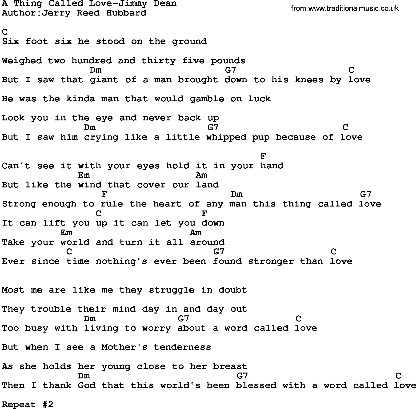Country music song: A Thing Called Love-Jimmy Dean lyrics and chords