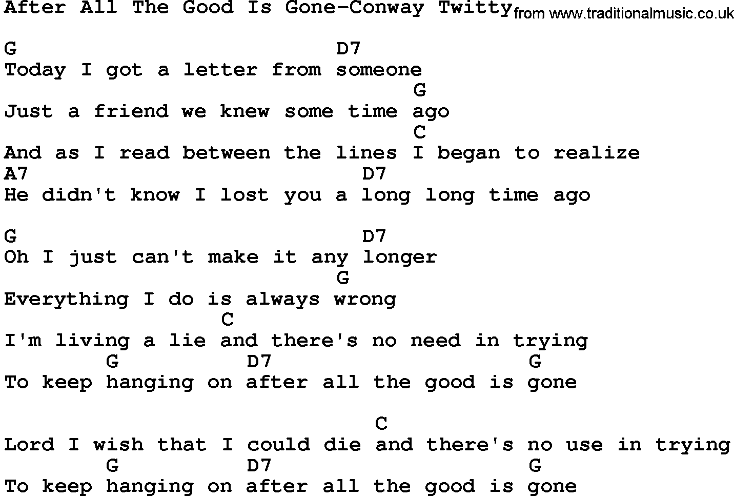 Country music song: After All The Good Is Gone-Conway Twitty lyrics and chords