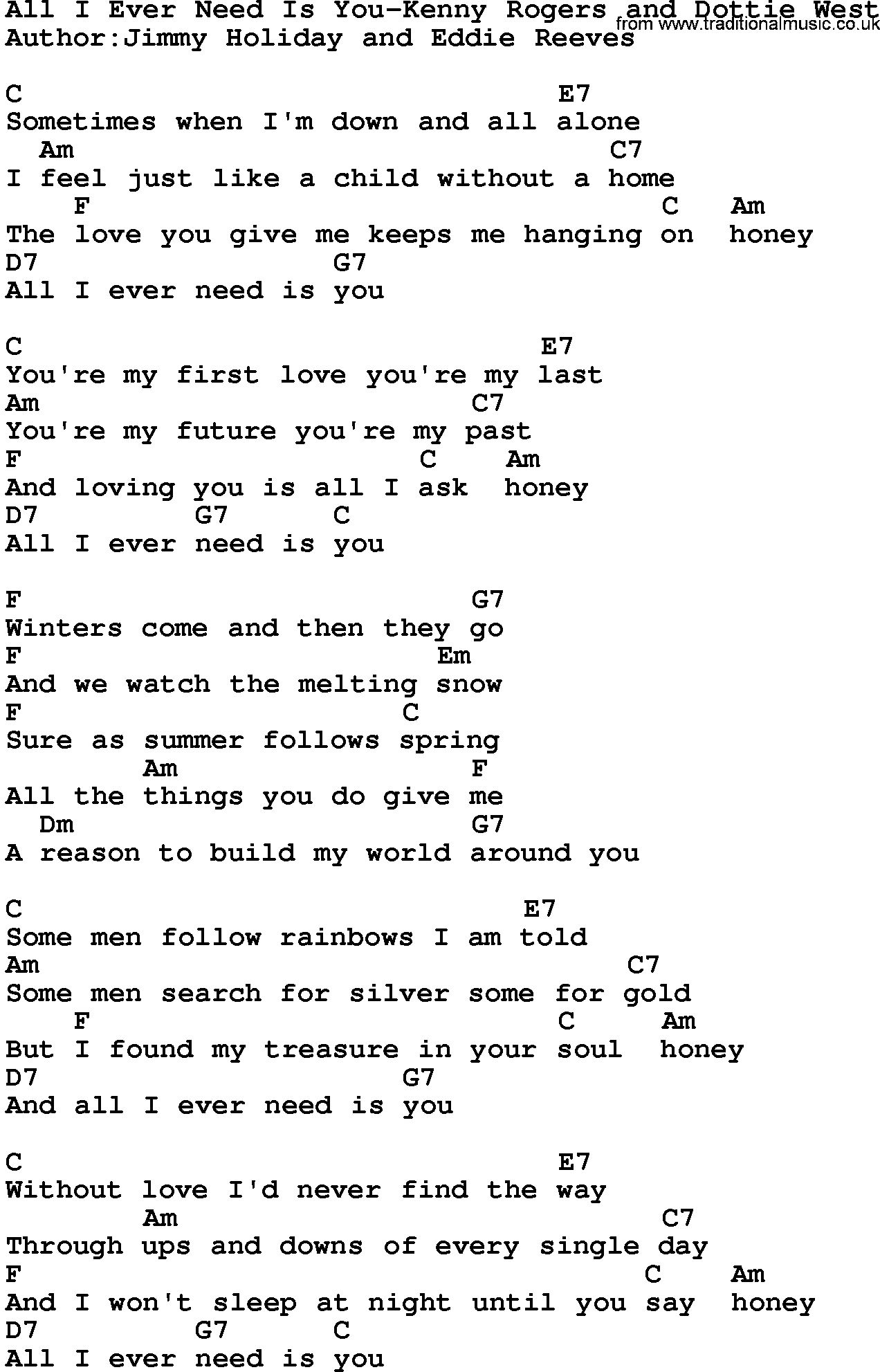 Country music song: All I Ever Need Is You-Kenny Rogers And Dottie West lyrics and chords