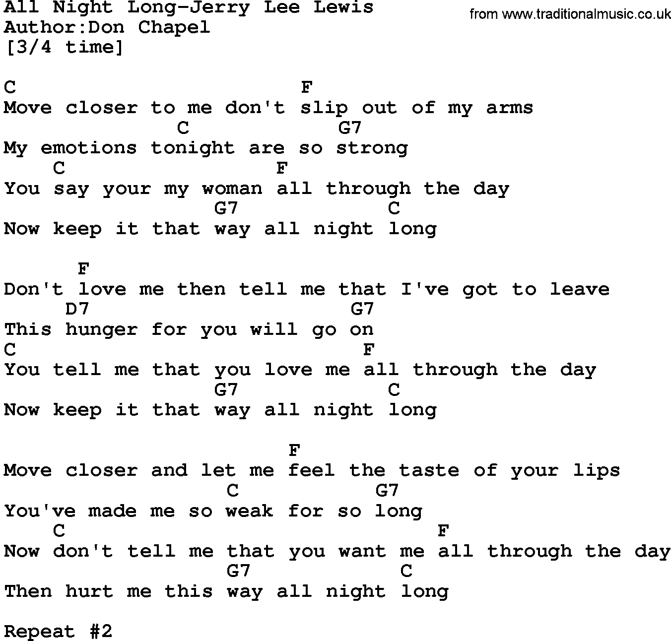 Country music song: All Night Long-Jerry Lee Lewis lyrics and chords