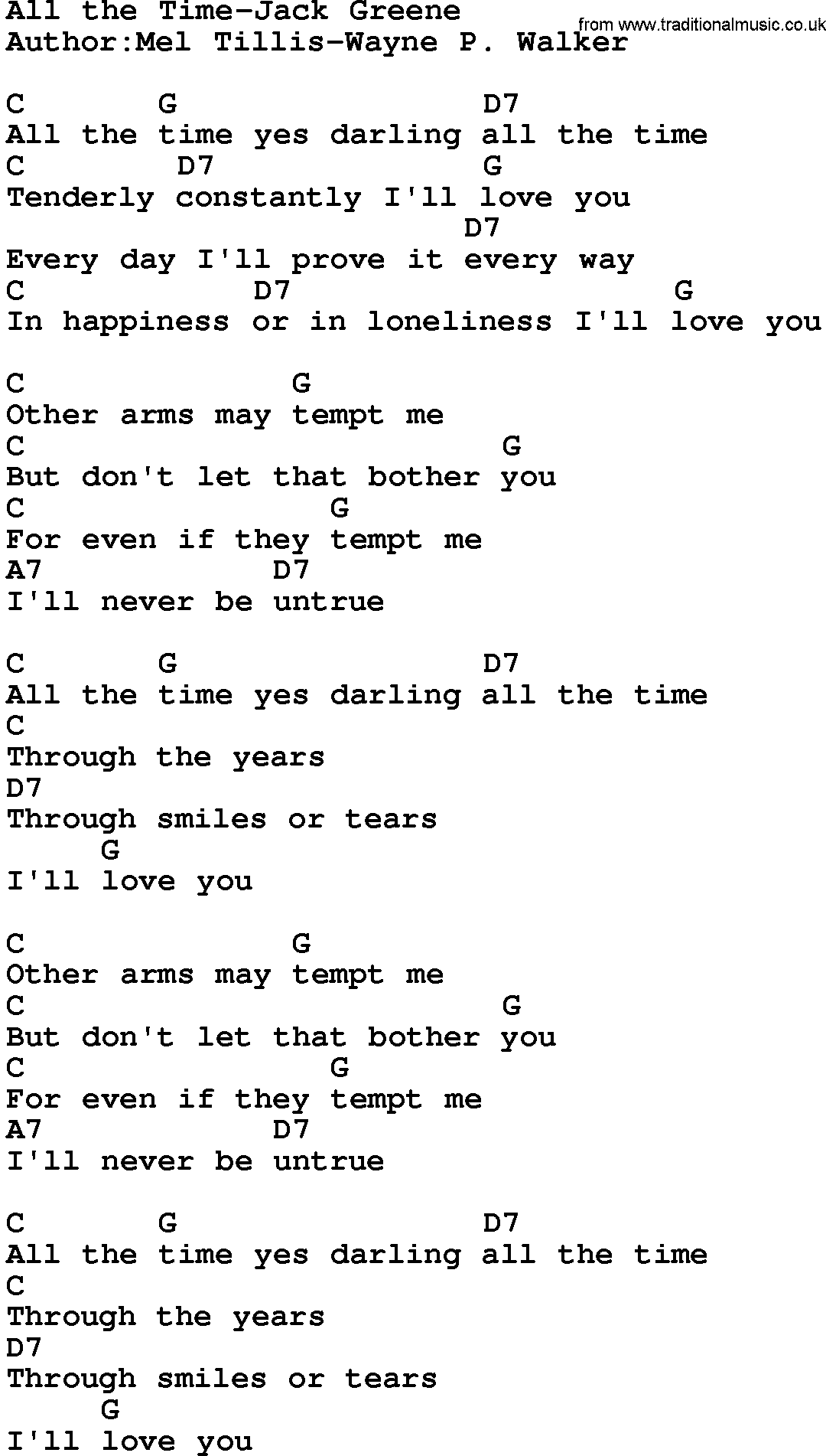 Country music song: All The Time-Jack Greene lyrics and chords