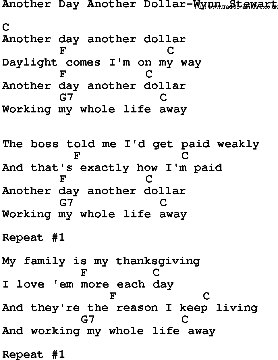 Country music song: Another Day Another Dollar-Wynn Stewart lyrics and chords