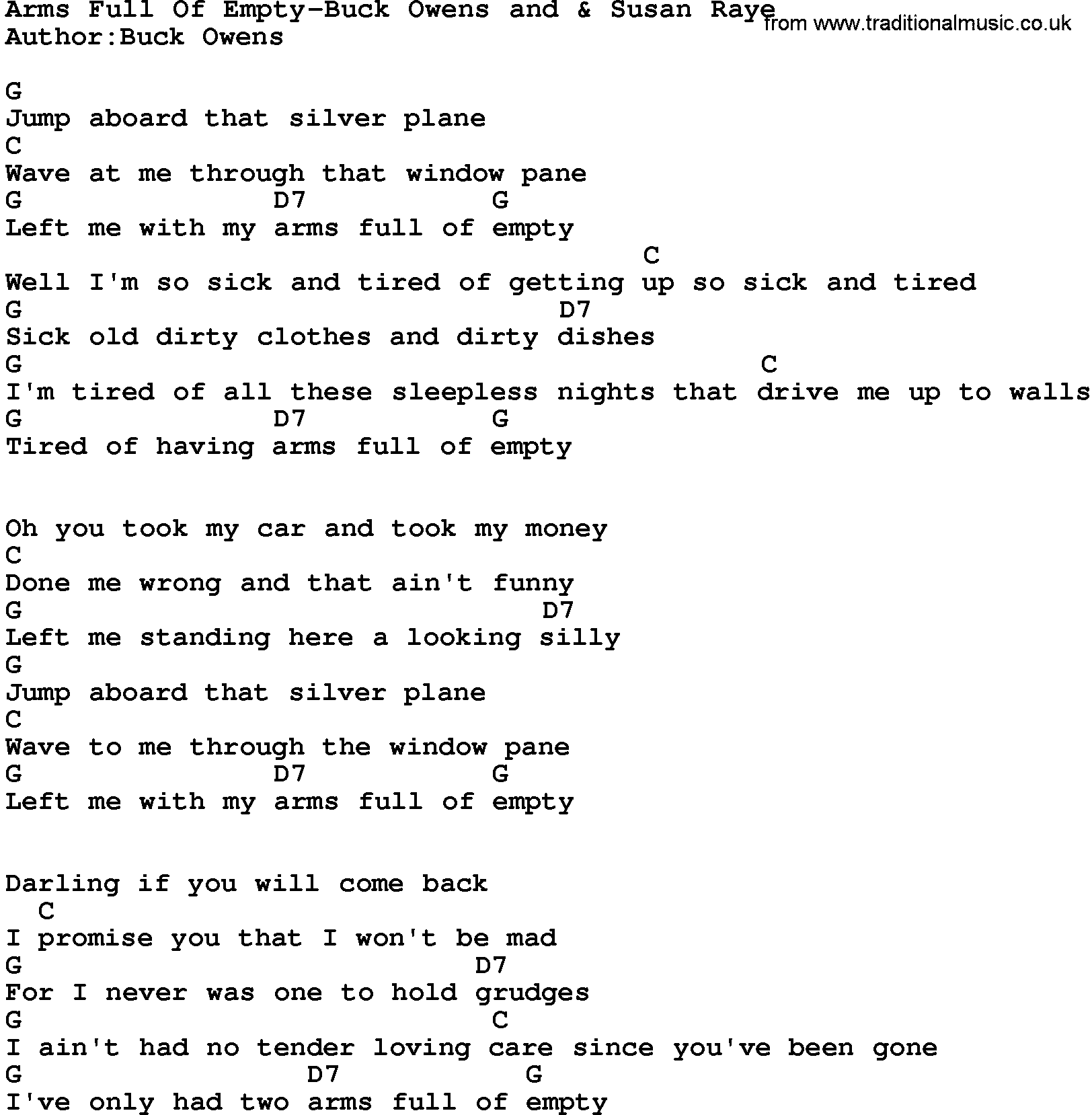 Country music song: Arms Full Of Empty-Buck Owens And & Susan Raye lyrics and chords