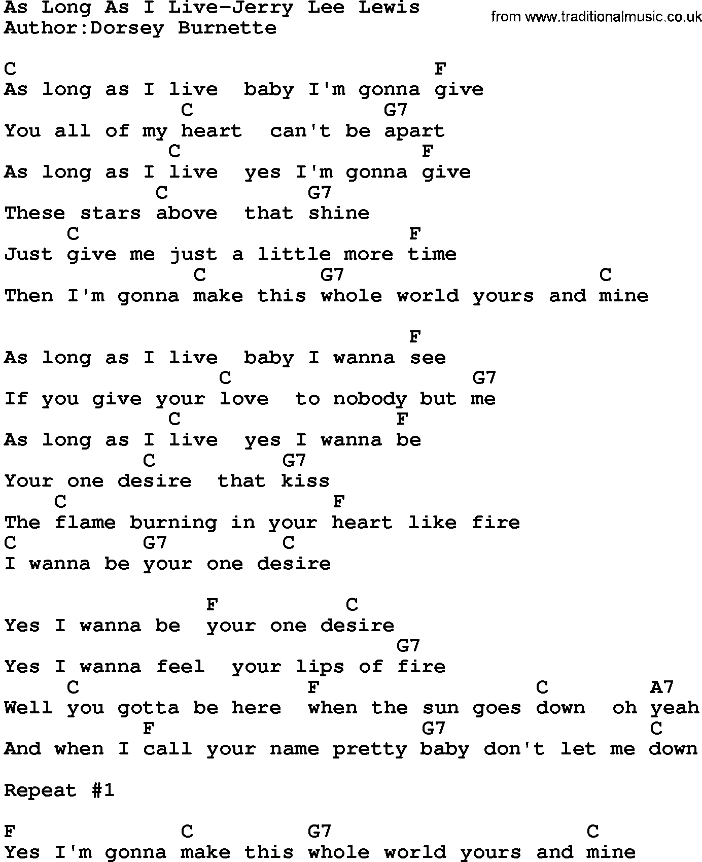 Country music song: As Long As I Live-Jerry Lee Lewis lyrics and chords