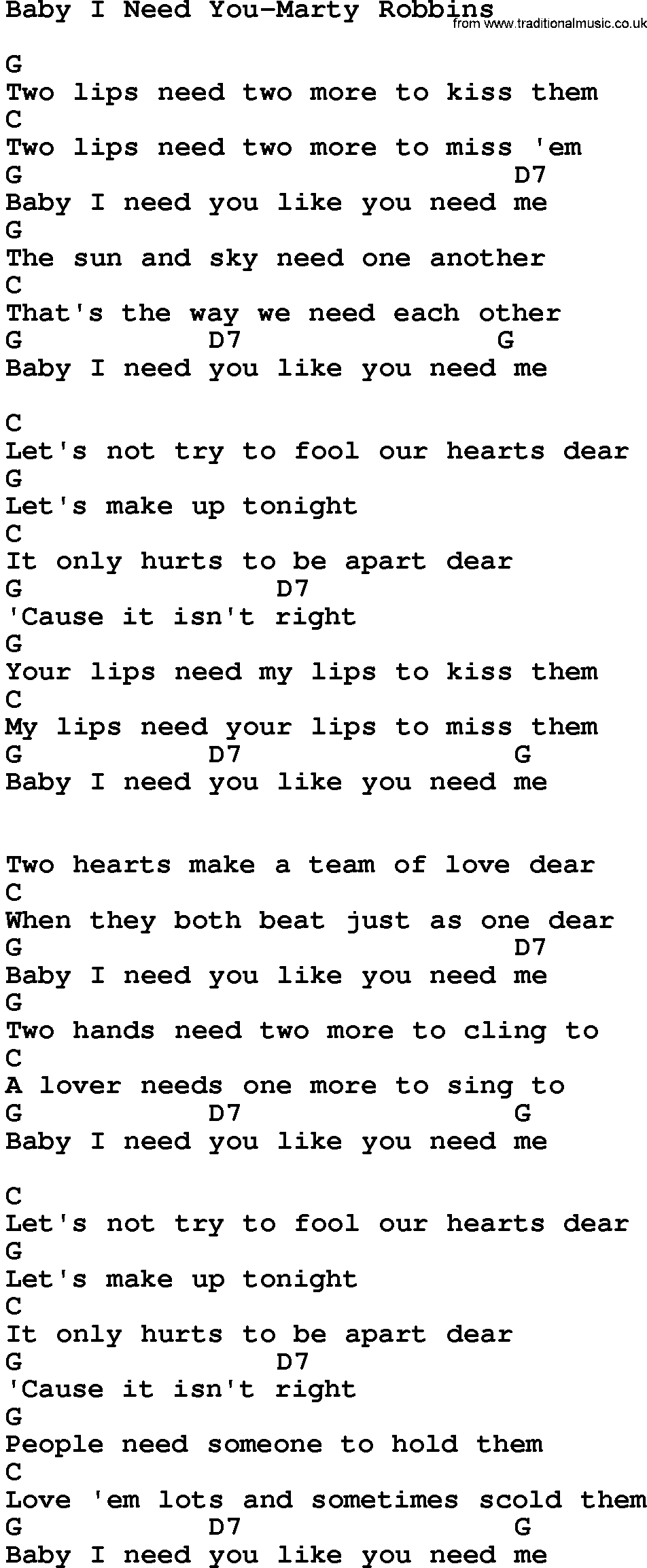 Country music song: Baby I Need You-Marty Robbins lyrics and chords