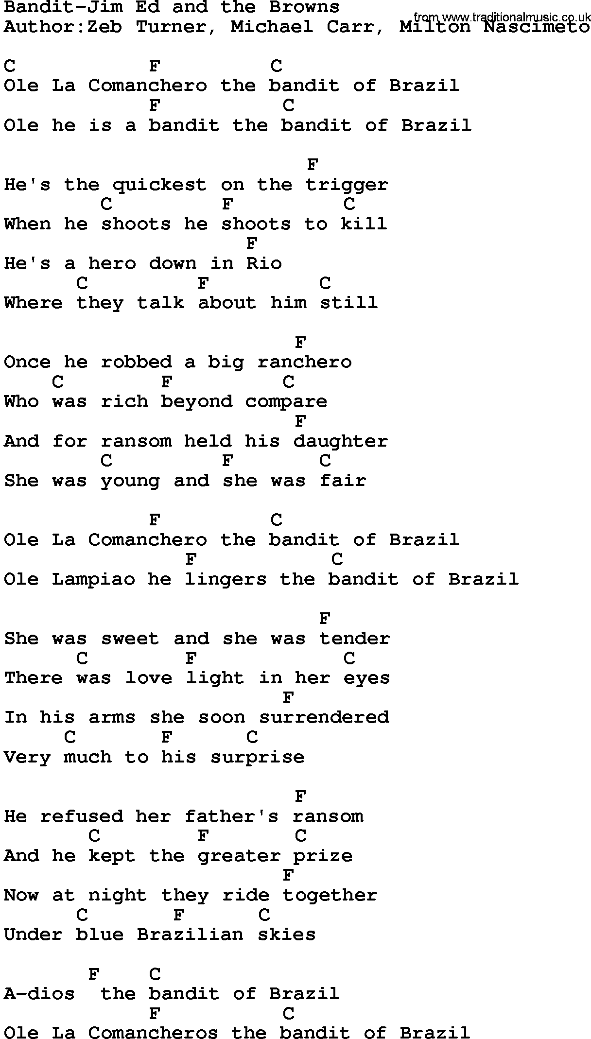 Country music song: Bandit-Jim Ed And The Browns lyrics and chords