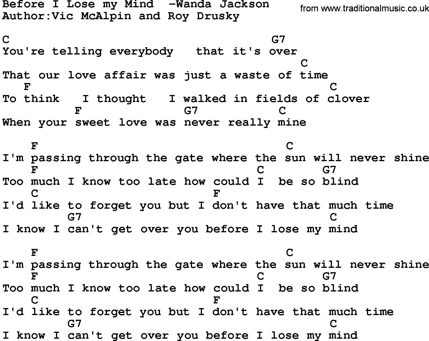 Country music song: Before I Lose My Mind -Wanda Jackson lyrics and chords