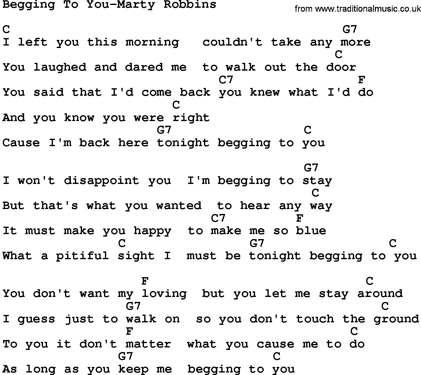 Country music song: Begging To You-Marty Robbins lyrics and chords