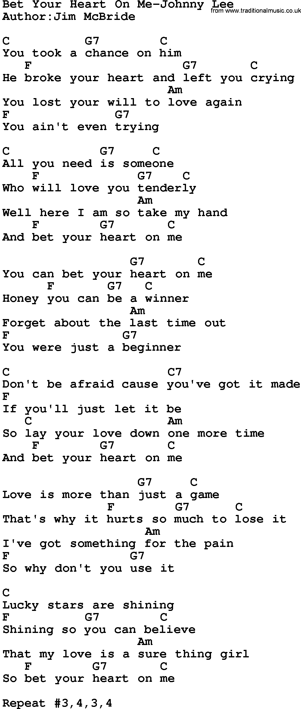 Country music song: Bet Your Heart On Me-Johnny Lee lyrics and chords