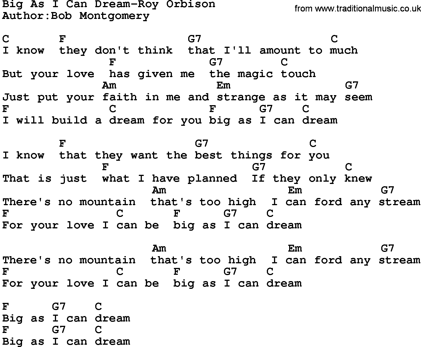Country music song: Big As I Can Dream-Roy Orbison lyrics and chords
