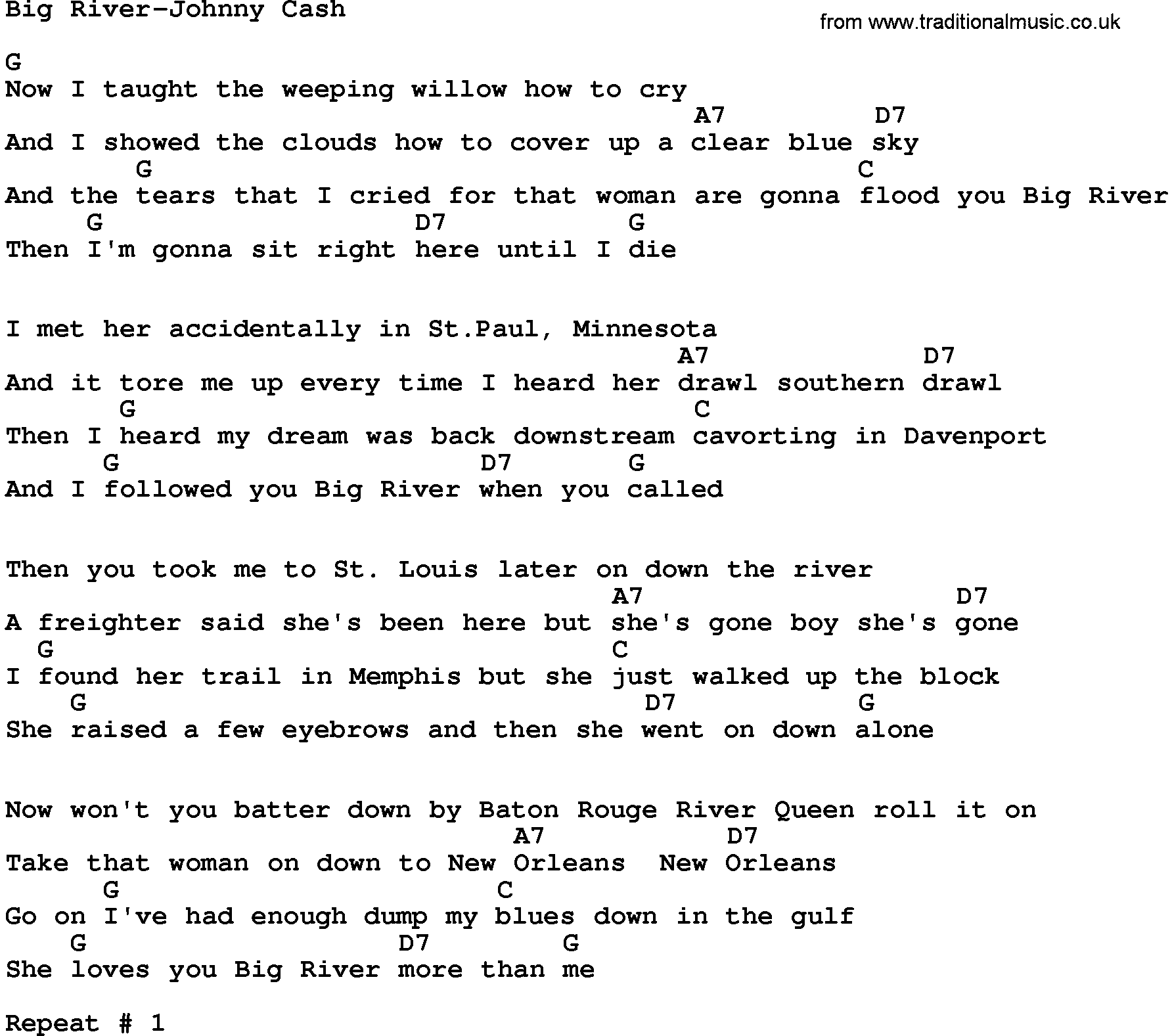 Country music song: Big River-Johnny Cash lyrics and chords