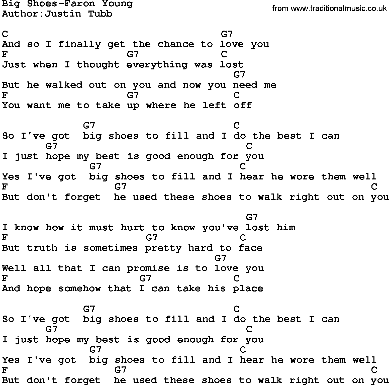 Country music song: Big Shoes-Faron Young lyrics and chords