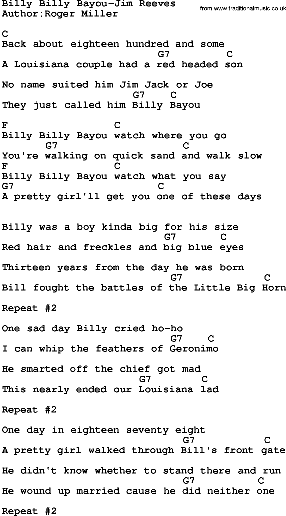 Country music song: Billy Billy Bayou-Jim Reeves lyrics and chords