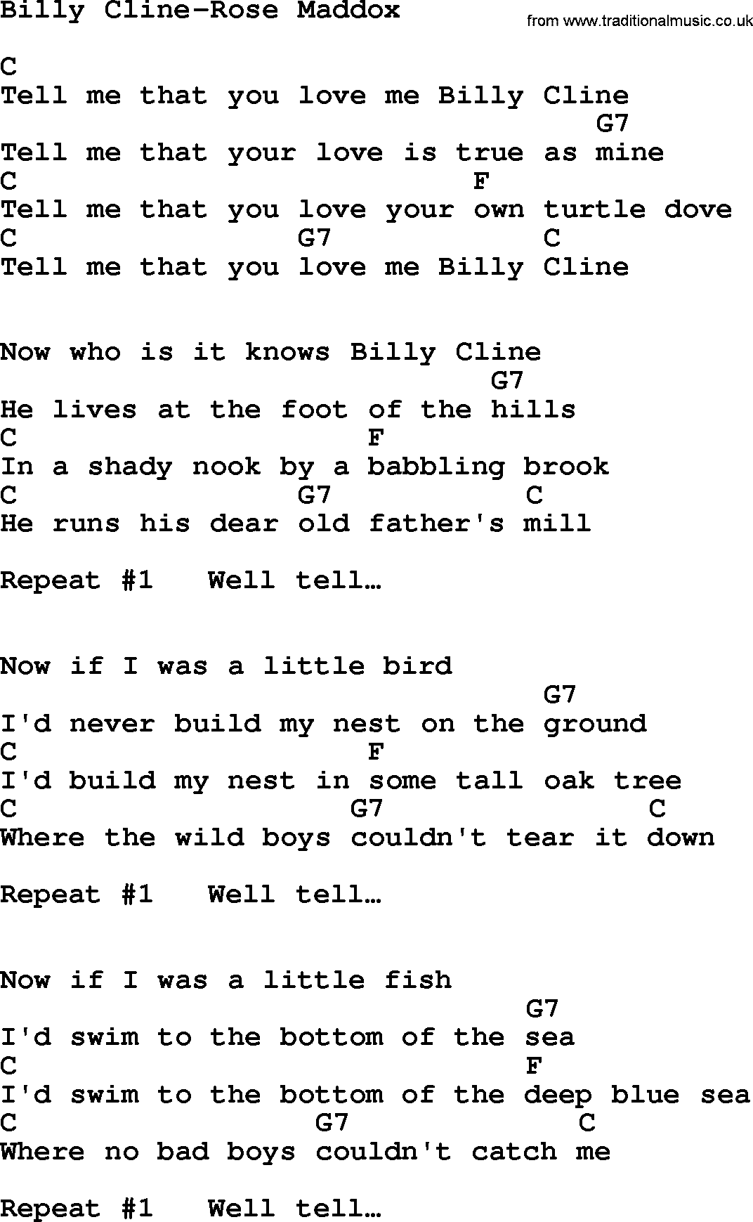 Country music song: Billy Cline-Rose Maddox lyrics and chords
