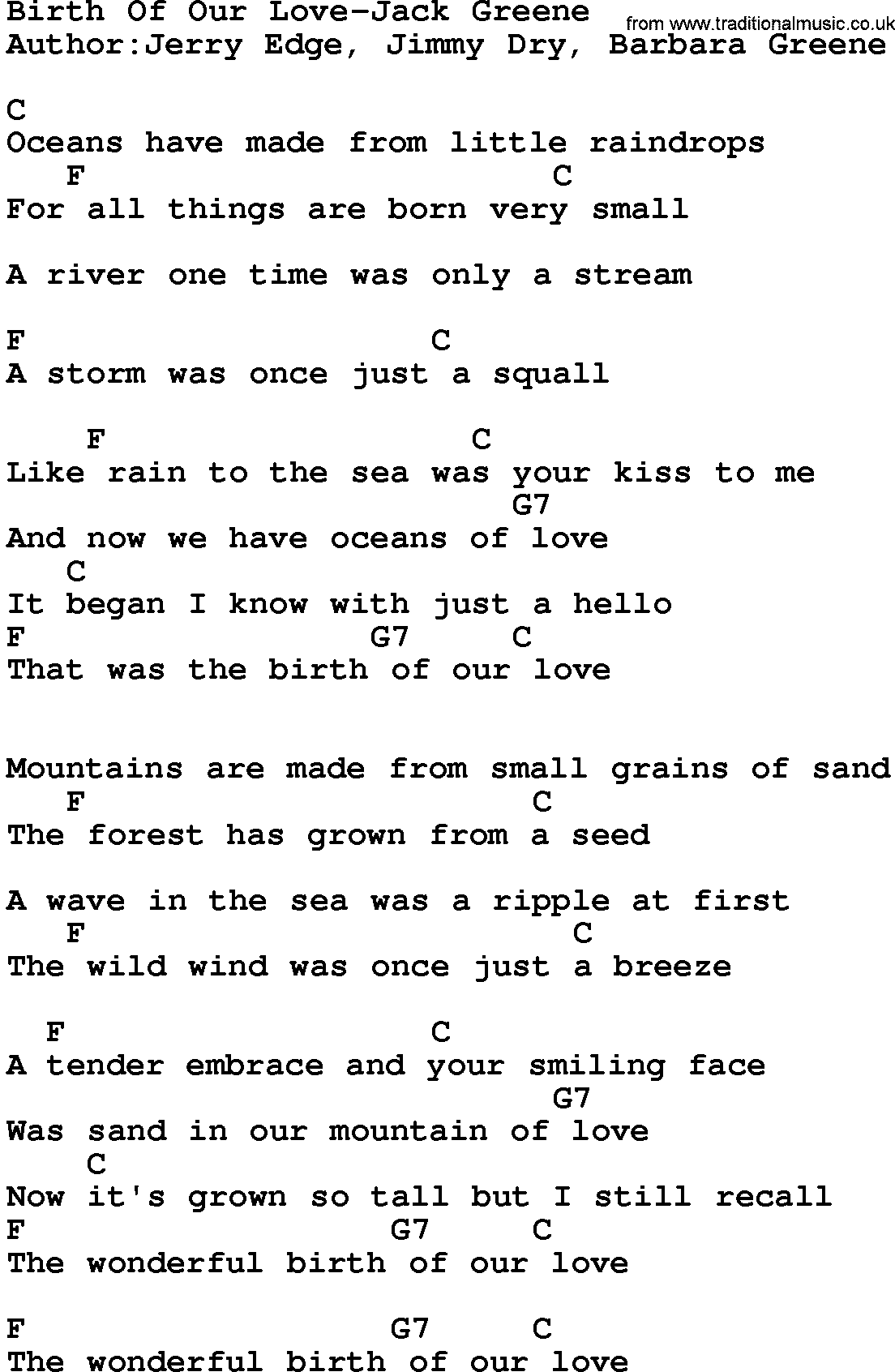Country music song: Birth Of Our Love-Jack Greene lyrics and chords