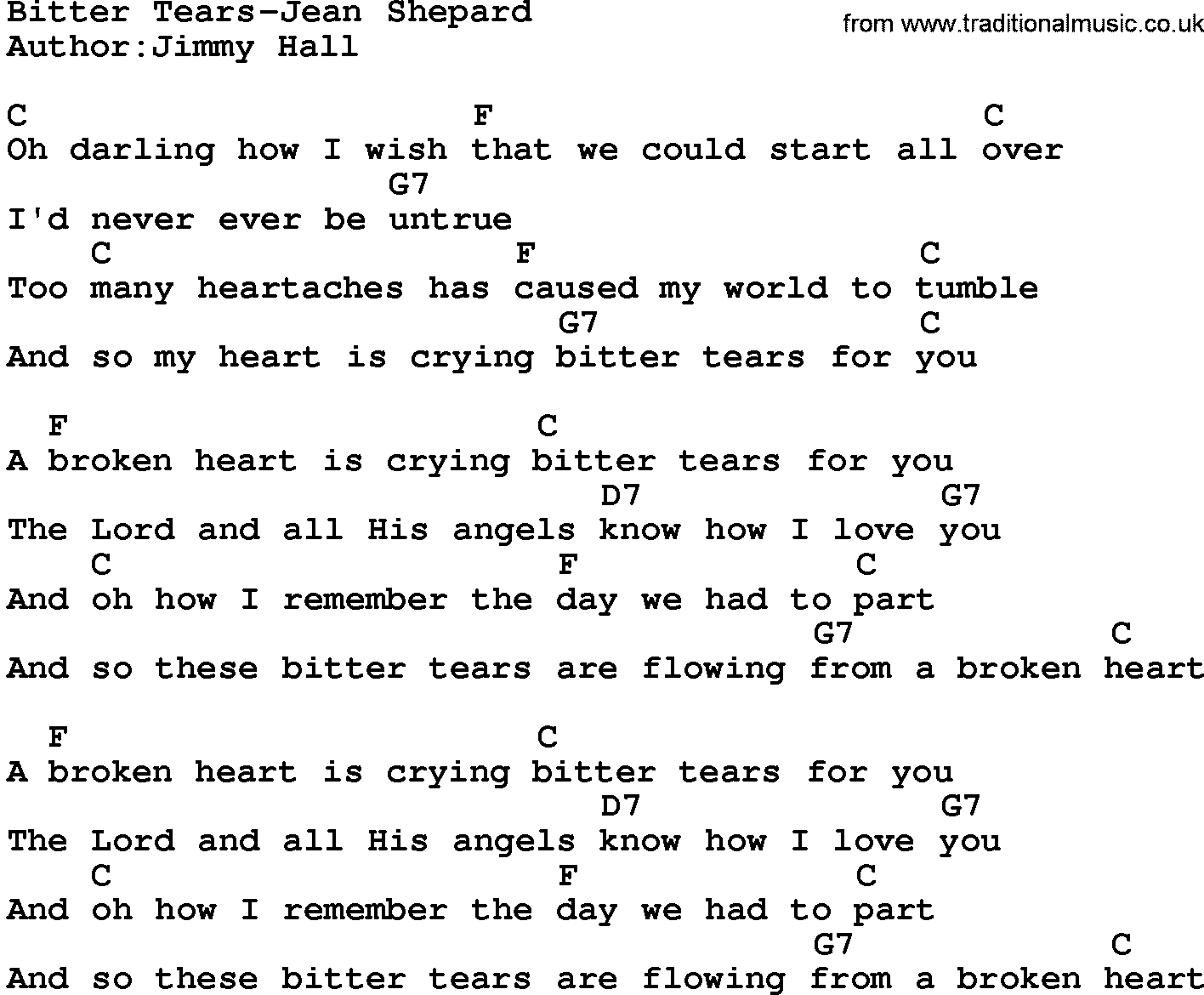 Country music song: Bitter Tears-Jean Shepard lyrics and chords
