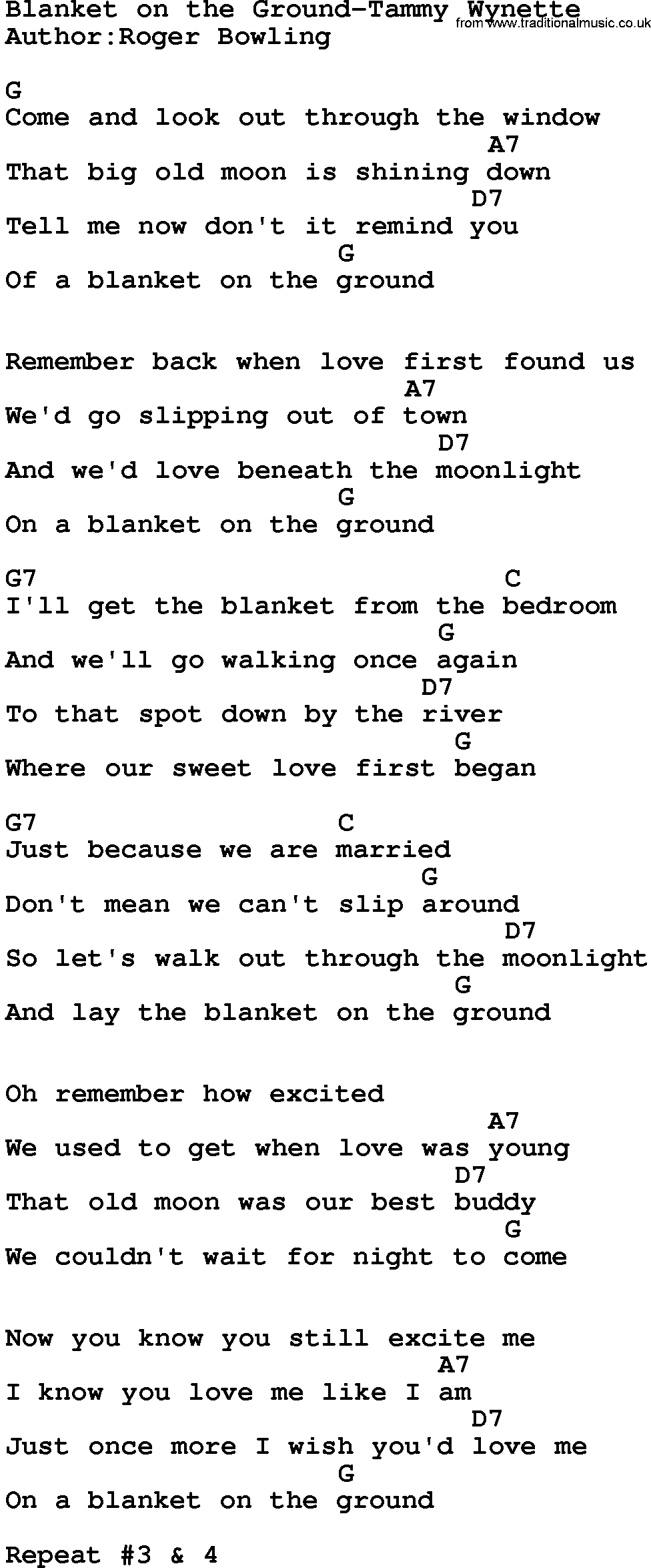 Country music song: Blanket On The Ground-Tammy Wynette lyrics and chords