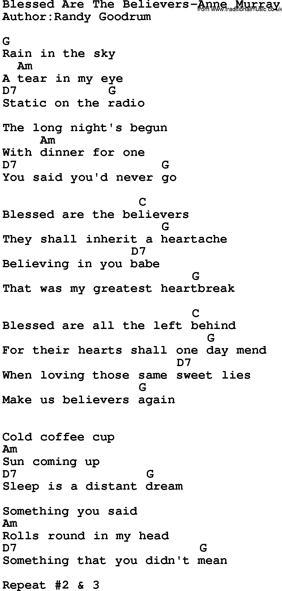 Country music song: Blessed Are The Believers-Anne Murray lyrics and chords