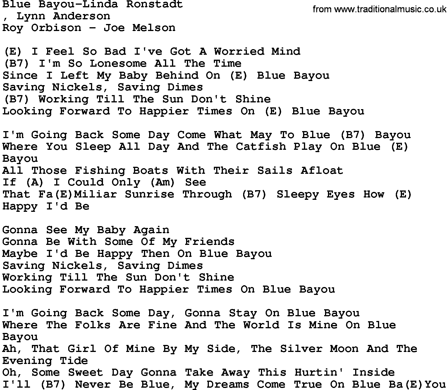 Country music song: Blue Bayou-Linda Ronstadt lyrics and chords