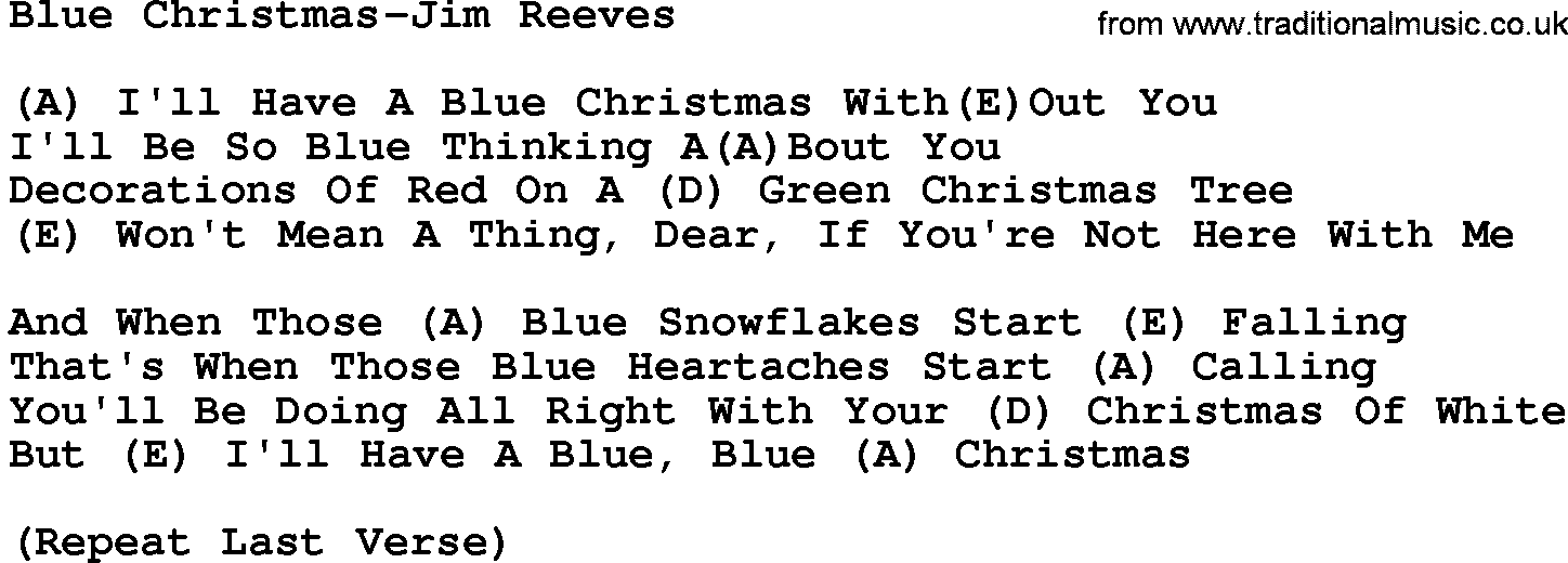 Country music song: Blue Christmas-Jim Reeves lyrics and chords