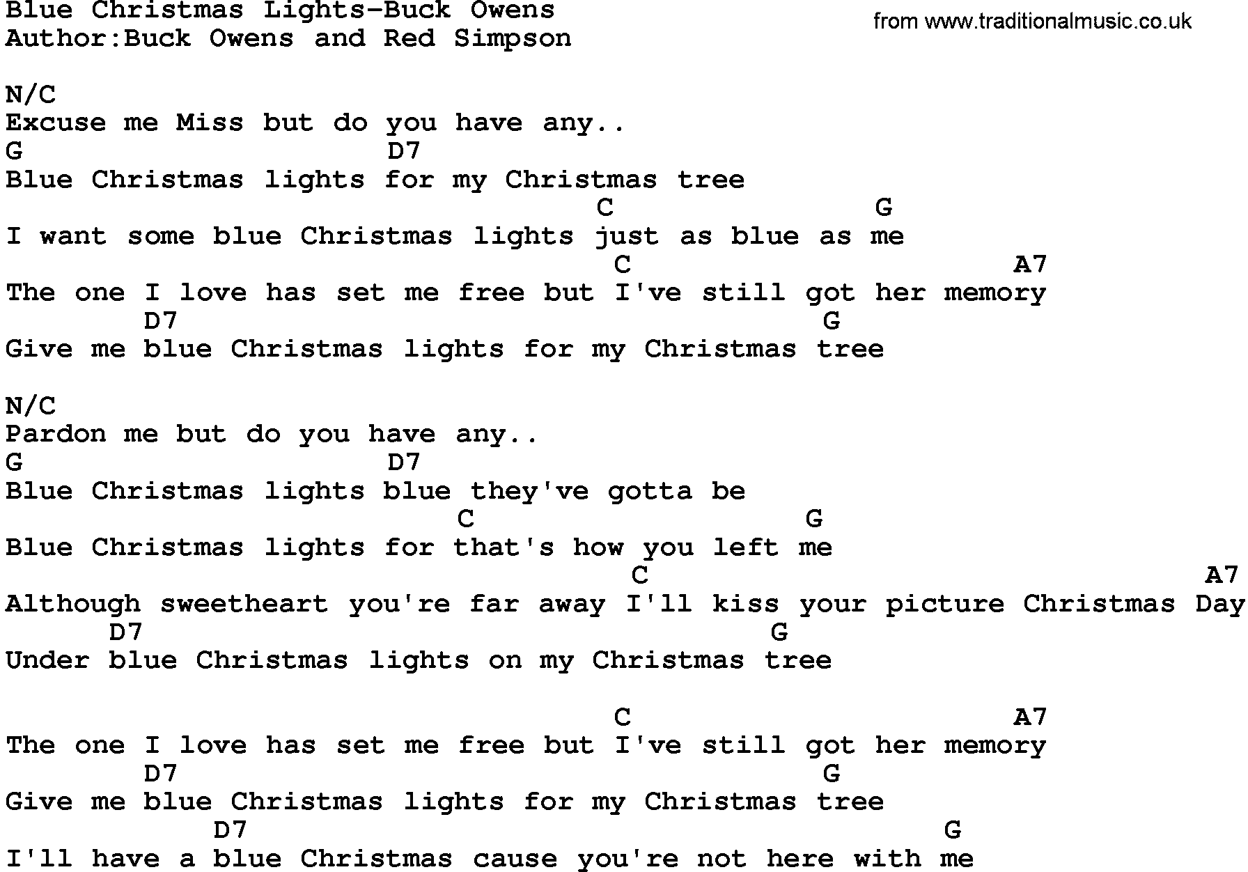 Country music song: Blue Christmas Lights-Buck Owens lyrics and chords