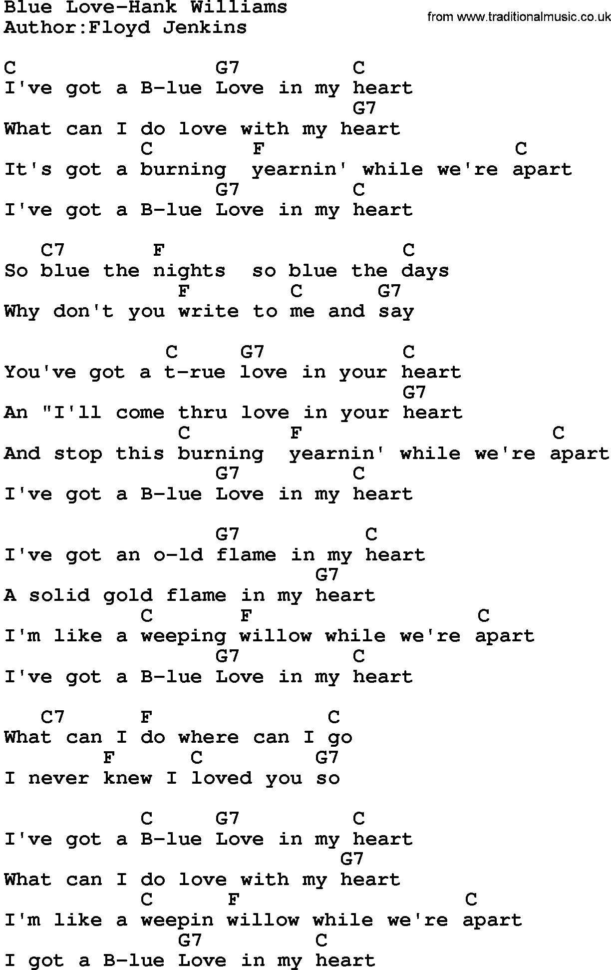 Country music song: Blue Love-Hank Williams lyrics and chords