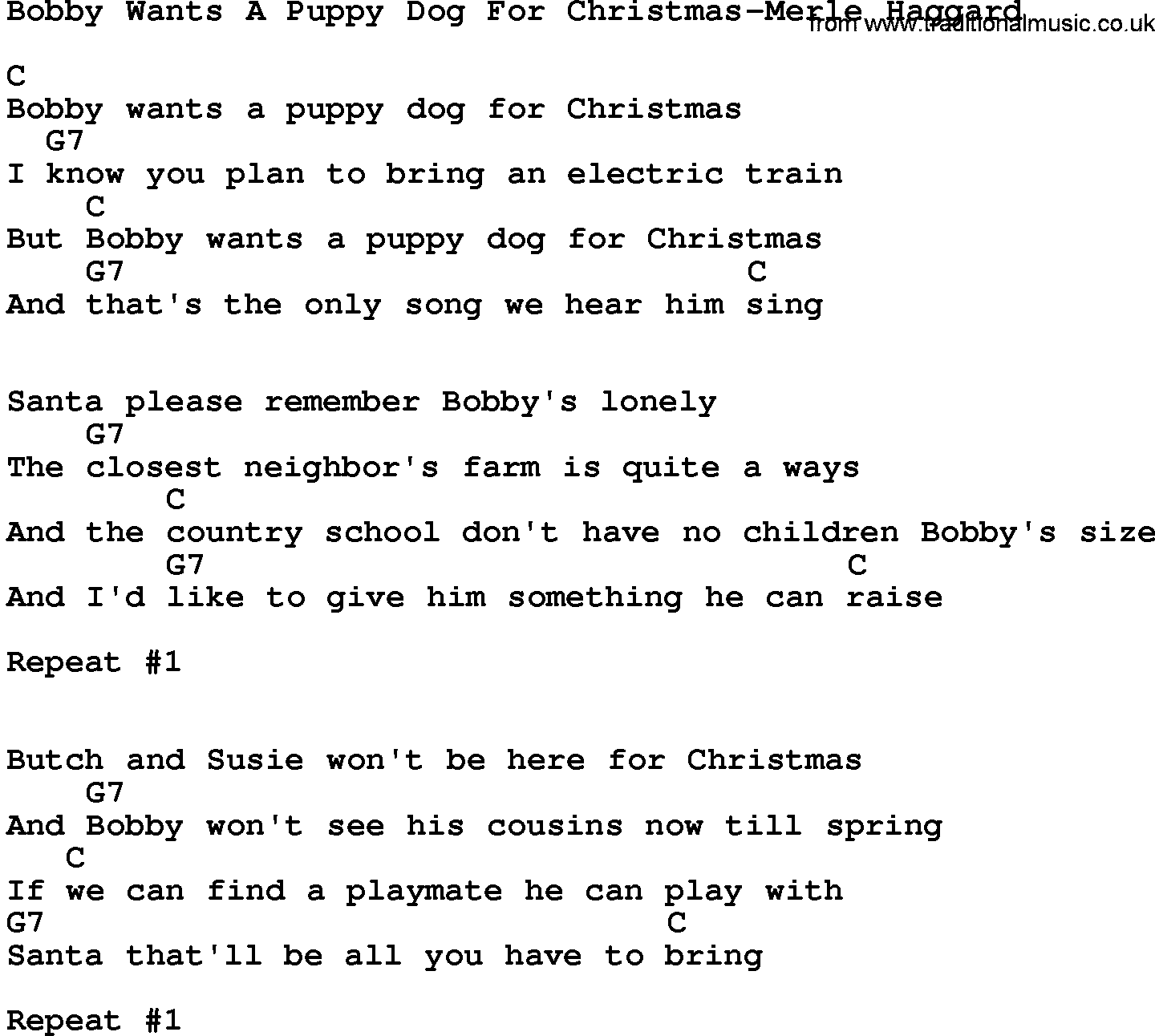 Country music song: Bobby Wants A Puppy Dog For Christmas-Merle Haggard lyrics and chords